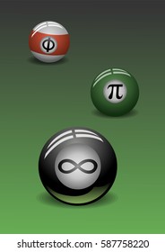 Three pool game balls with mathematical symbols. Vector illustration