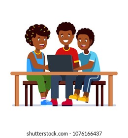 Three poor African kids sit on bench with one laptop on school desk. Afro girl and two afro boys sharing one pc. African poverty metaphor. Flat style isolated vector illustration on white background