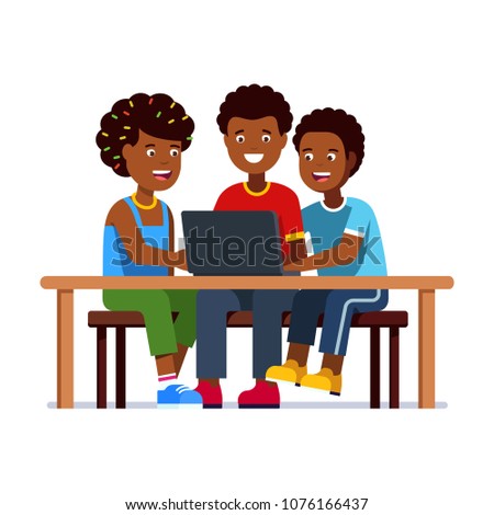 Three poor African kids sit on bench with one laptop on school desk. Afro girl and two afro boys sharing one pc. African poverty metaphor. Flat style isolated vector illustration on white background