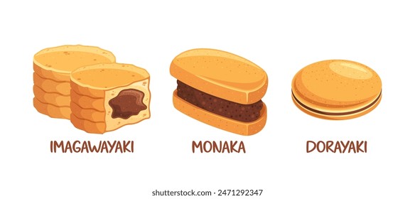 Three Popular Japanese Sweet Foods Imagawayaki, Monaka, And Dorayaki. Vector Illustrations Of Traditional Desserts