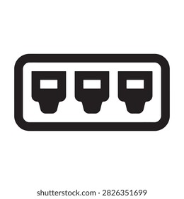 Three port interface panel icon representing data connectivity or network connection points for electronic hardware systems.