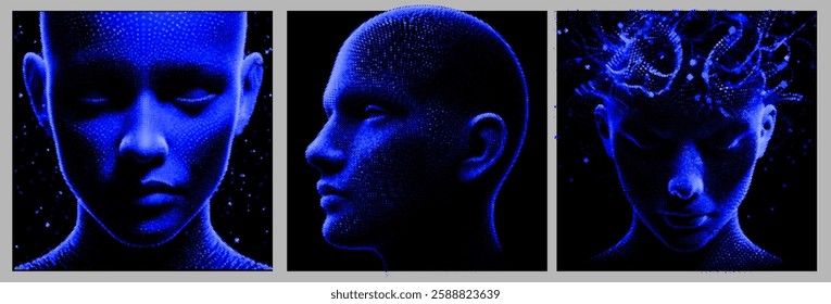 Three portraits of a human head composed of small dots on a black background, creating a digital, abstract, and futuristic appearance. Each view shows different angles, highlighting texture and form.