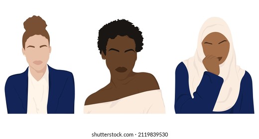 Three portraits of women of different races, a Muslim woman, an African American woman, a white woman. Minimalistic faceless portraits. The concept of equality and sisterhood