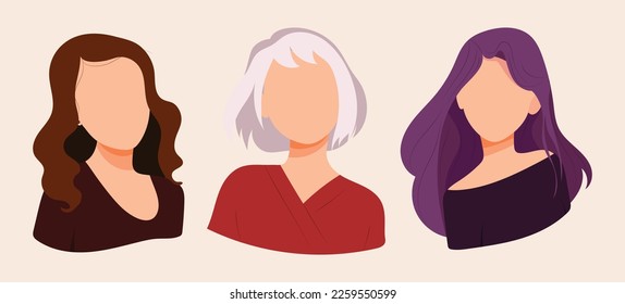 Three portraits of women. Set of abstract portraits of international women. A set of abstract portraits of international women