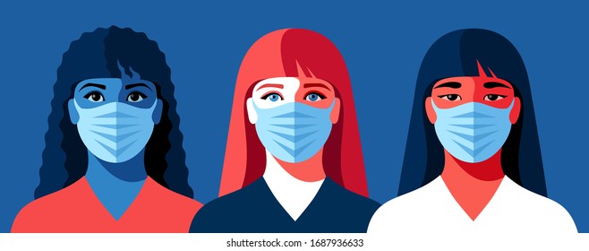 Three portraits of young women in medical face masks. Coronavirus quarantine. Vector illustration