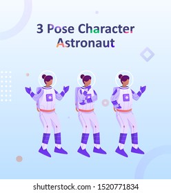 Three pose Character woman astronaut flat illustration