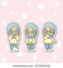 Three pose Cute and kawaii blue Hijab Girl Chibi Illustration, with glasses. can be use as photo profil or status on social media