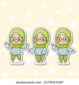 Three pose Cute and kawaii green Hijab Girl Chibi Illustration, with glasses. can be use as photo profil or status on social media