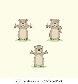 Three pose marmot illustrations. Welcoming, explaining and lost poses and expressions. Cartoon vector illustrations.