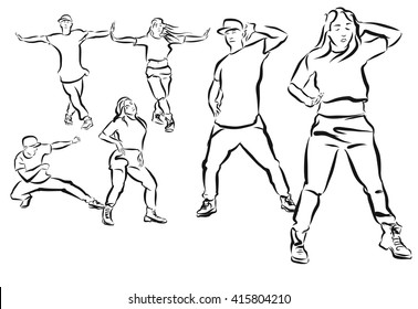 Three Poses Duett, Hip Hop Choreography Coloring Page, Hand Drawn Sketched Artwork
