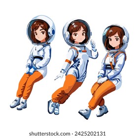 Three poses of a girl astronaut vector drawing isolated from each other.
