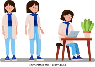 
three poses of a girl working behind a laptop from home, stands straight and stands sideways