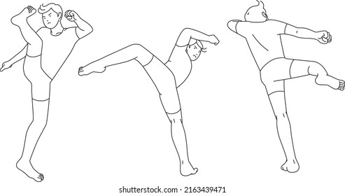 Three poses of a roundhouse kick drawn only with lines