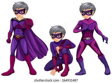 Three poses of superhero with mask and cape