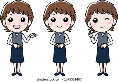 Three poses of a woman doing office work at the company