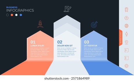 Three possibilities or three stages. An infographic template with icons. All the elements are laid out in layers