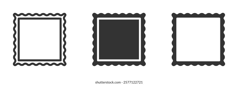 Three postage stamp icons with scalloped edges in black.