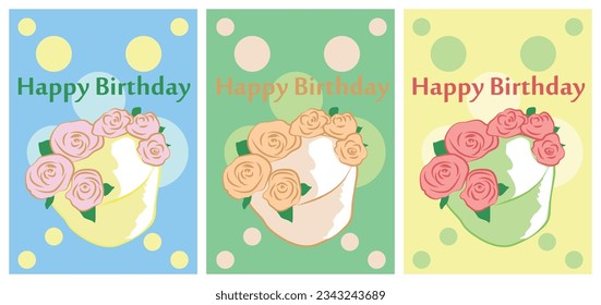Three postcards in different colors. Round cake with roses and text. Colored background with circles. Everything can be changed. Happy birthday text.