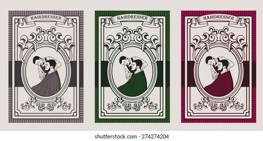 Three postcards with hairdresser in grey, green and vinous colors