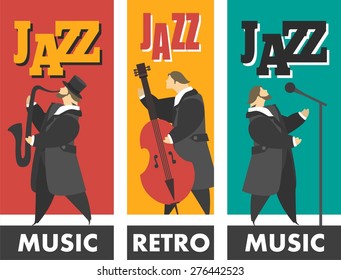 Three poster with musicians playing jazz and pop dressed in costumes