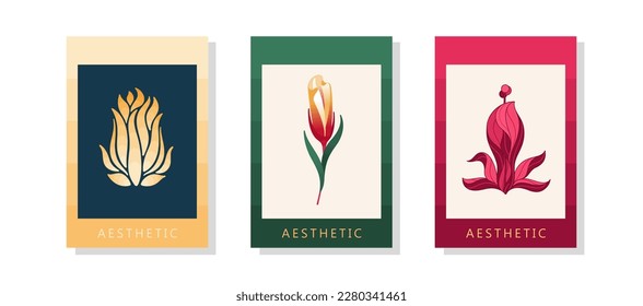 Three poster templates with beautiful fancy flowers. Contemporary design. Hand-drawn interior decoration elements. Vector art