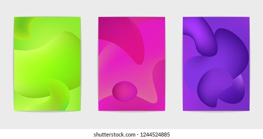 Three poster templates. Trend vivid colors. Set of modern abstract liquid backgrounds. Abstract cover, banner, poster, booklet. Bright gradients. Vector, isolated, eps 10.