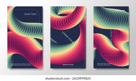 Three posters with abstract 3d gradient elements.