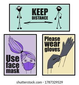 Three posters with appeal to wear mask, gloves and keep social distancing. Visitors should follow the health regulations due to the worldwide pandemic situation.