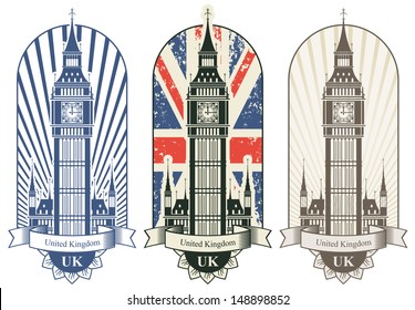 three posters with Big Ben and the British flag