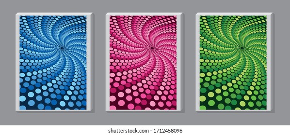 Three posters. Colored circles along lines that go far to the center.