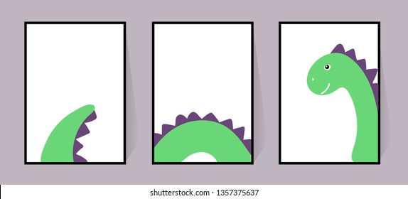 Three posters with a cute green dinosaur. Vector cool dino. Set for walls, cards, invitations. Scandinavian drawing. Illustration on white background. Three cards for printing.