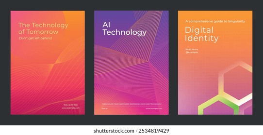 Três cartazes com tecnologias de IA. Tecnologia de IA destacada com designs futuristas. Identidade digital e conceitos de tecnologia exibidos. Transformação digital, colorido poster template vetor.