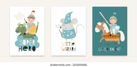 Three posters Knight on Dragon Super Hero, Mouse Little Wizard, Knight on Horseback with Sword and Shield Little Knight Vector illustration