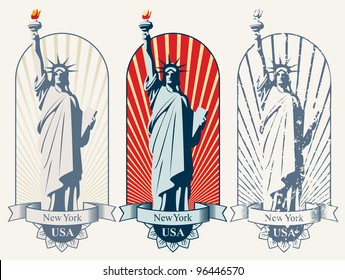 three posters with statue of liberty