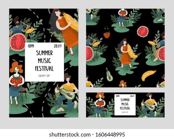 Three posters for summer musical festival with musicians and fruits.