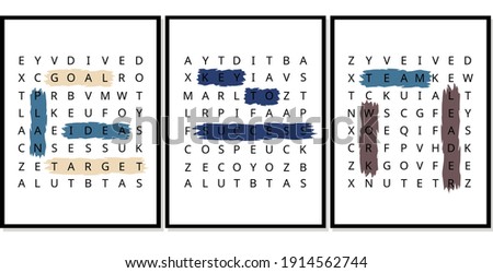 Three posters. A word search puzzle with a motivational messages for business. For cards, prints, posters, logo. Target, goal, plan, idea, team, leader, work - key to success
