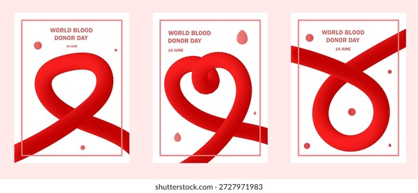 Tres afiches para el Día Mundial del Donante de Sangre el 14 de junio, con cintas rojas que fluyen formando Formas de conciencia y corazones, con Elementos de gotas de sangre. Ideal para campañas de salud.
