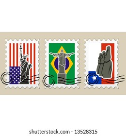 Three Postmarks with sights of America and stamps