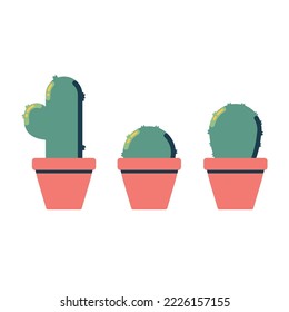 Three potted cactuses on white background flat vector illustration.Cacti icon set