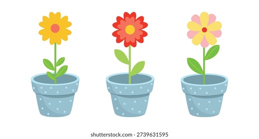 Three Potted Flowers, Cute Pot Plant Set. Flower Pots Set, Potted Bloom Illustration