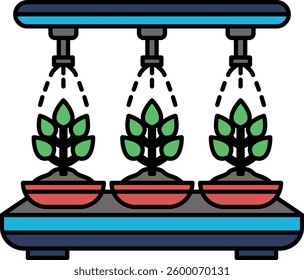 Three potted plants are being watered by a sprinkler system. The plants are positioned in a row and are being sprayed with water from above