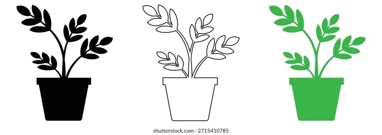 Three potted plants in black, line, and blue color schemes,Potted plant growth. Simple icon of a potted plant, symbolizing growth, progress, and new beginnings.