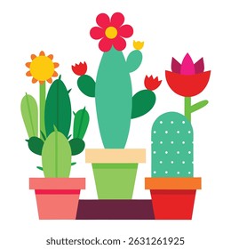 Three potted plants, a cactus with red flowers, a sunflower, and a red flower, are displayed in a vibrant, flat design style, perfect for adding a touch of nature to your projects.