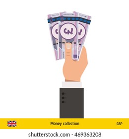 Three pound in hand. British pound banknote vector illustration.