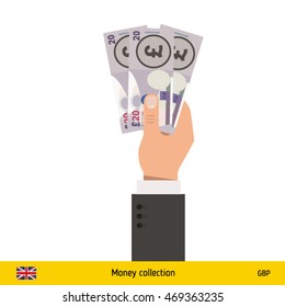 Three pound in hand. British pound banknote vector illustration.