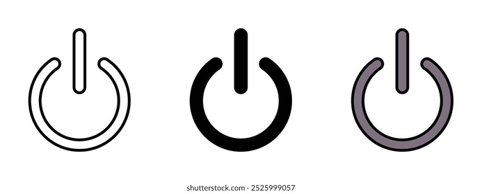 Três ícones do botão de energia definem a silhueta e a cor editável em forma vetorial não expandida, ícones do botão de energia em contornado, silhueta e estilo colorido editável,
