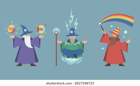Three powerful wizards performing magic spells with colorful spheres, levitating on a cloud, and conjuring a rainbow.