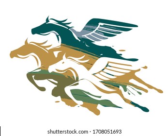 

Three powerfull winged horses. 
Colorful illustration of powerfull mythological horses at Full Speed. Vector available.