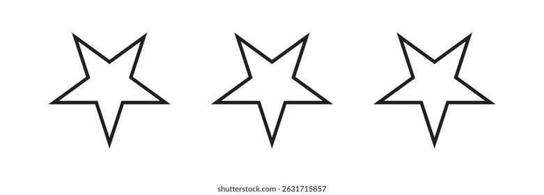 Three precisely rendered star outlines aligned horizontally against a white background creating a clean and simple aesthetic, useful for diverse graphic applications.