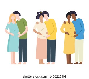 Three pregnant couples  with care for a future child. Perfect for advertising, banners.